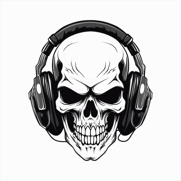 Skull with headset vector illustration head of character in headphones black and white