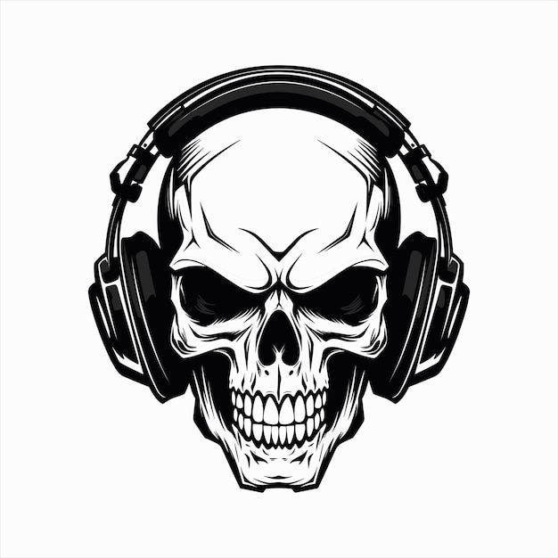 Skull with headset vector illustration head of character in headphones black and white