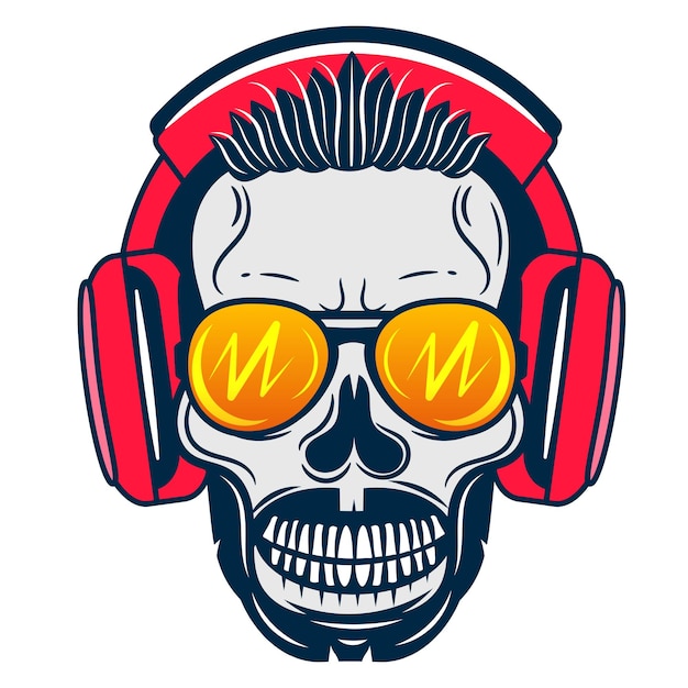 Skull with headset vector illustration Head of character in headphones Sound technology concept for online games topic or tattoo