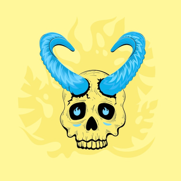 A skull with horns and a yellow background with a pattern of leaves.