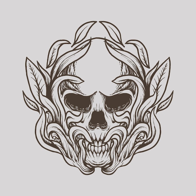 skull with leaf ornament line art design