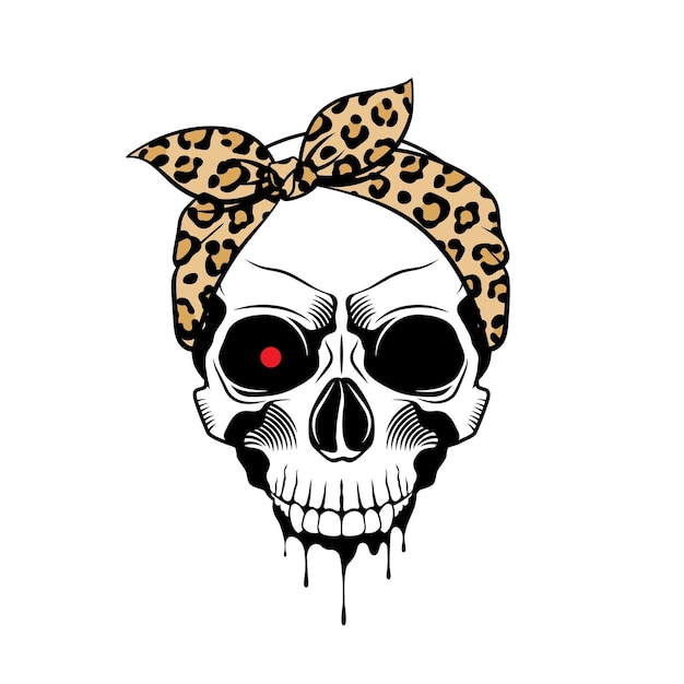 Skull with leopard print bandana red glowing eye splashes and drips of paint Hand drawn vector illustration on white background