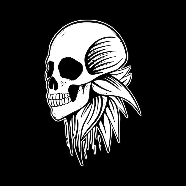 A skull with a lot of feathers art Illustration hand drawn style black and white premium vector