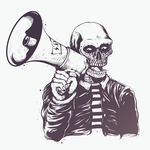 skull with loud speaker   illustration black and white