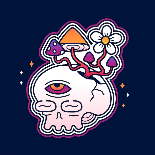 Skull with mahic mushrooms t-shirt print design. Vector hand drawn logo cartoon character illustration. Trippy skull,magic mushrooms growing,psychedelic print for t-shirt,poster,sticker,logo concept