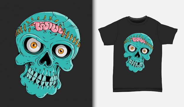 Skull with opened brain illustration, with t-shirt design, Hand drawn