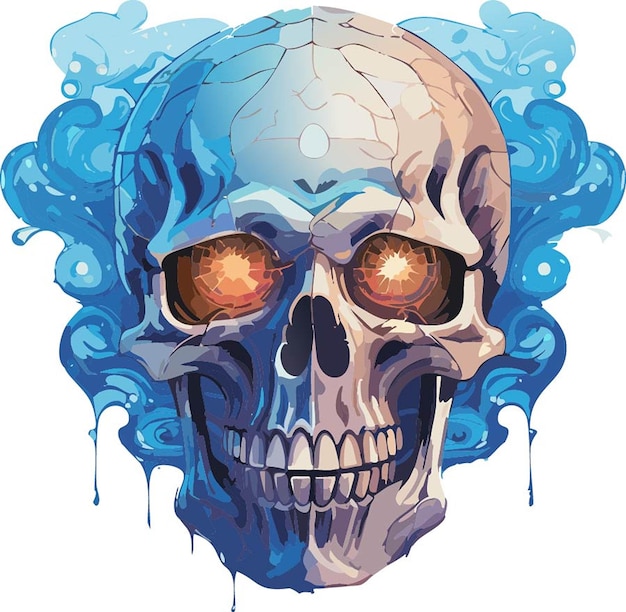 Vector a skull with orange eyes and a blue background with a blue and white skull