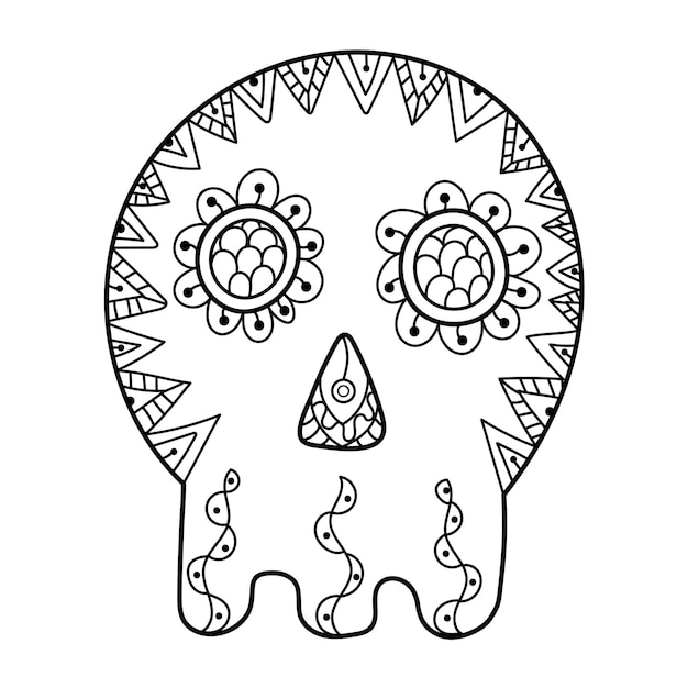 Skull with ornament coloring page in zentangle style. Spooky print for Halloween coloring book