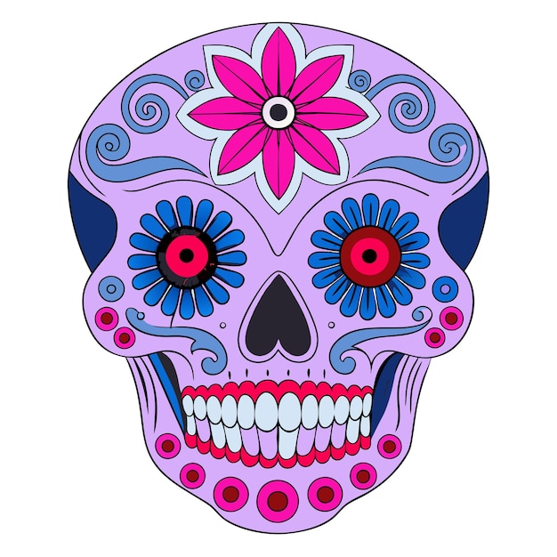 a skull with a pink flower on it and a purple flower on it