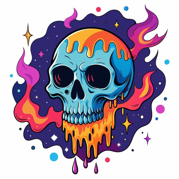 a skull with a purple and orange flames and a purple and blue background