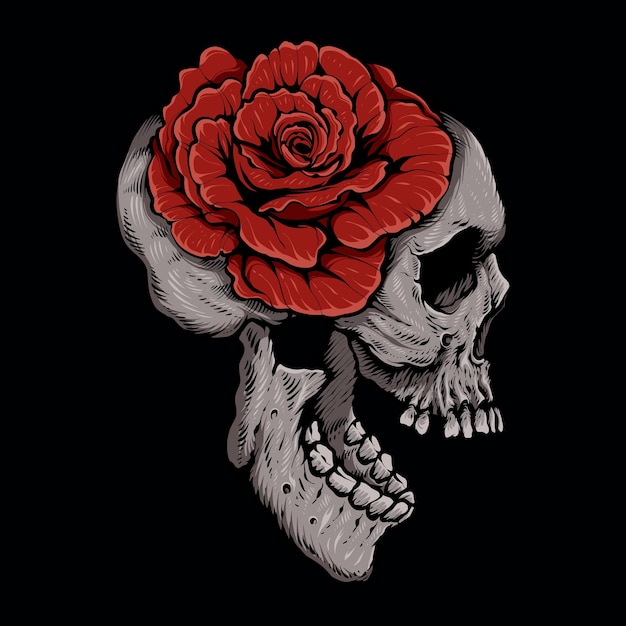 Vector a skull with a red flower on it is shown in a black background tattoo and t shirt design skull and