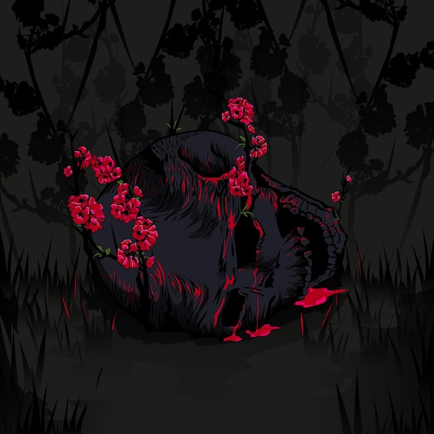 skull with red flowers on dark background with flowers