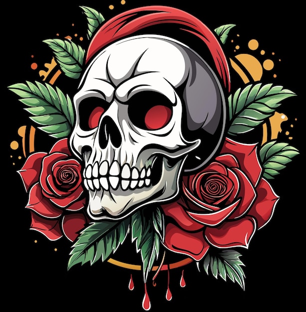 a skull with a red hat and a red hat with roses