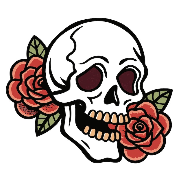 a skull with a red rose in its mouth and a skull with a bunch of red roses