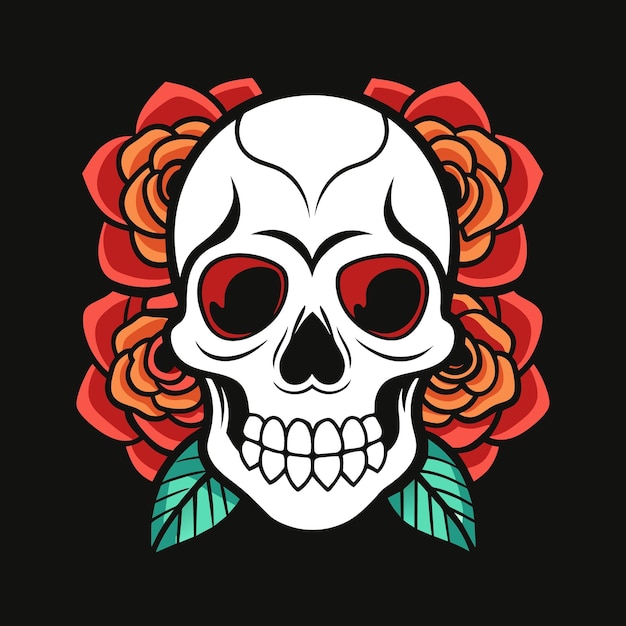 a skull with a red rose and a skull on it