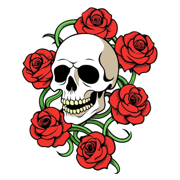 a skull with red roses around it and a skull with a crown of red roses