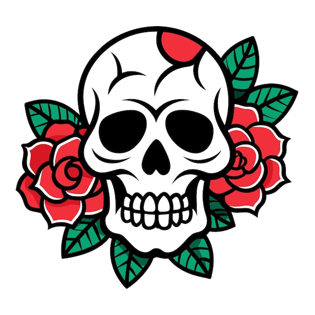 a skull with red roses on it and a skull with green leaves