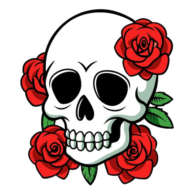 a skull with red roses on it and a skull with a green leaves