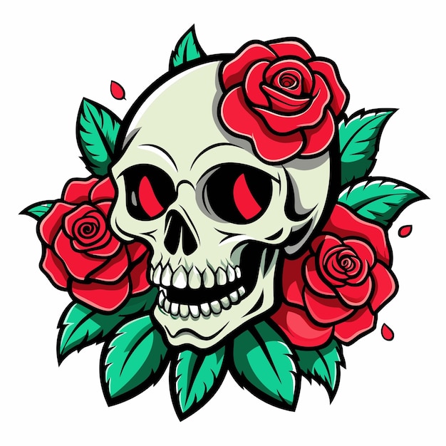 Skull with red roses on the white background Vector illustration