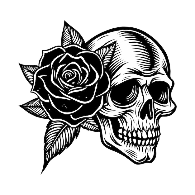 Vector skull with rose black and white vector art illustration