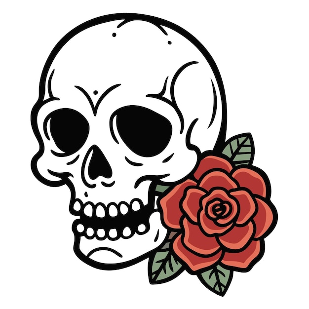 a skull with a rose on it and a skull with a red rose