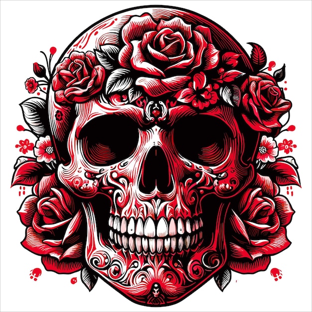 Vector a skull with roses on it is painted on a white background