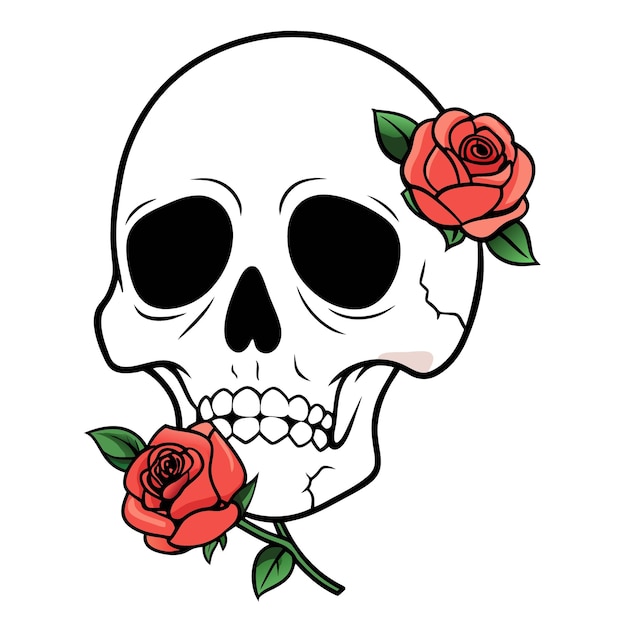 a skull with roses on it and a skull with a green leaf