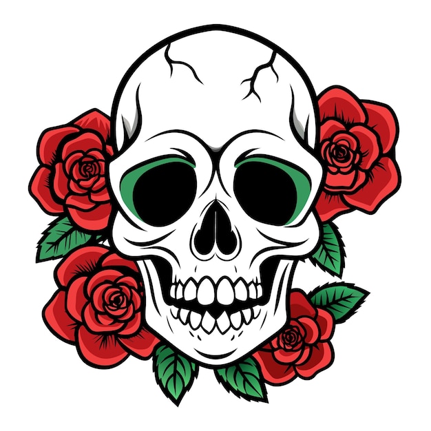 a skull with roses on it and a skull with a green ribbon around it