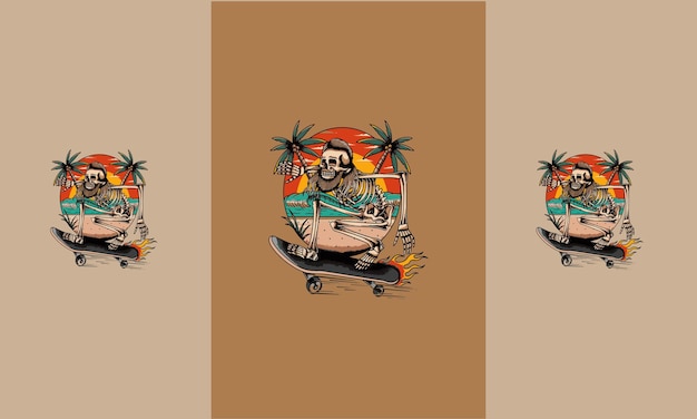 skull with skateboard and palm vector logo design