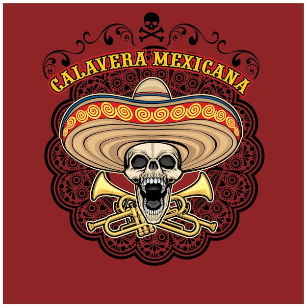 A skull with a sombrero and a trumpet in a sombrero.