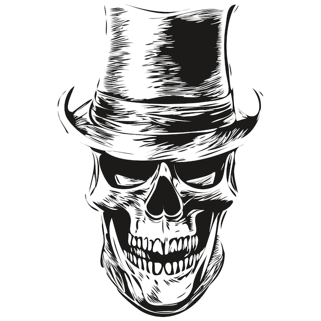 Skull with top hat image vector hand drawn black and white clip art