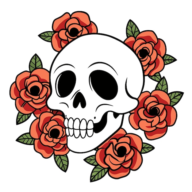 a skull with a wreath of red roses on it