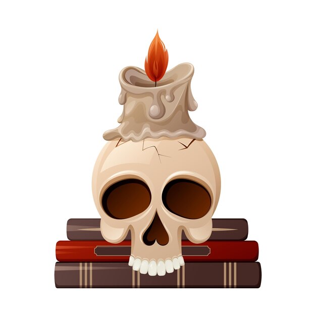 Skull without lower jaw with cracks on witch books. Burning wax candle. Cartoon vector illustration.