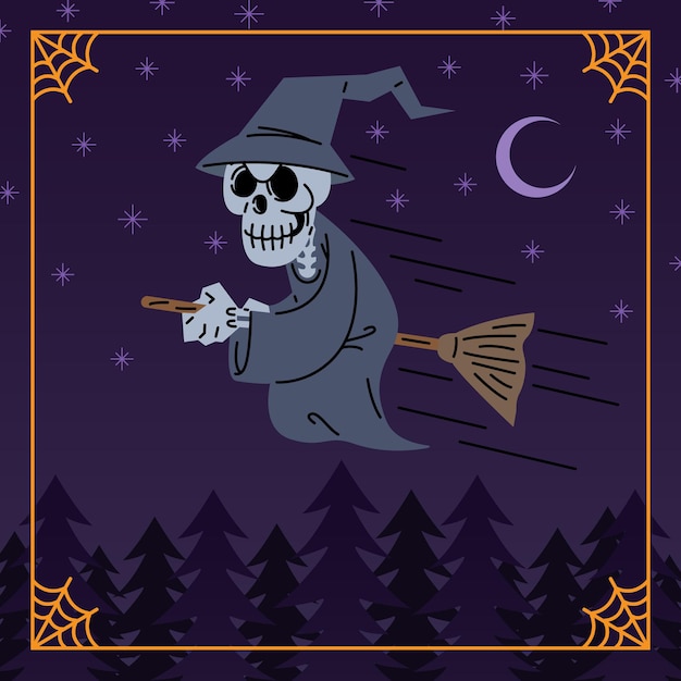 Skull wizard riding broomstick flying in the night vector illustration