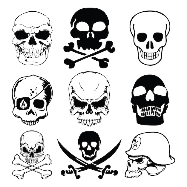 Vector skulls and bones vector set black and white illustration