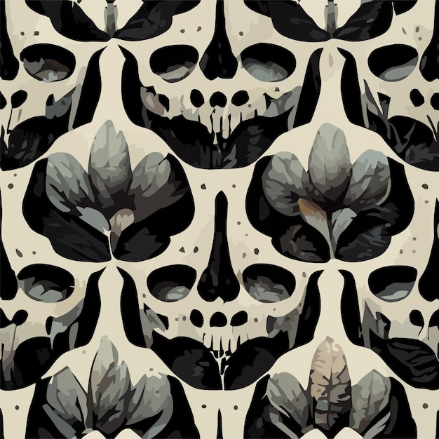 skulls and flowers abstract seamless pattern black and white design