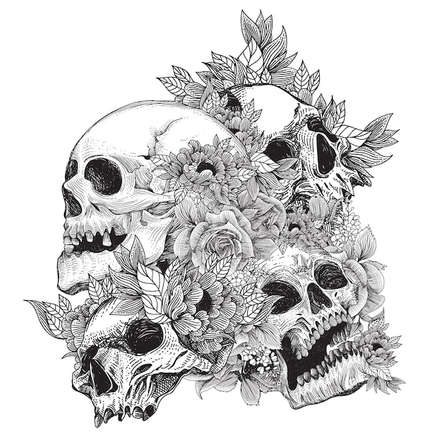 Skulls with flora ornament and engraving concept