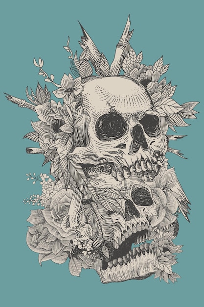 Skulls with flora ornament and engraving concept