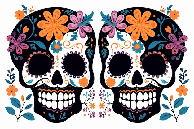 Skulls With Flowers Foliage