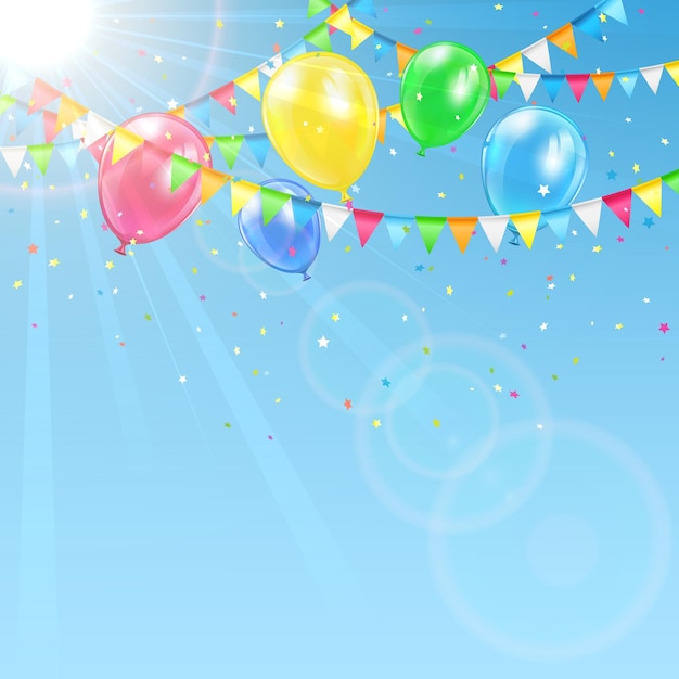 Sky background with colorful balloons pennants and confetti illustration