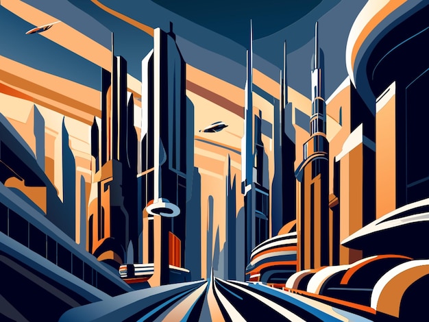 sky city of the future retro futurism skyscrapers river detailing cyberpunk cloud vector