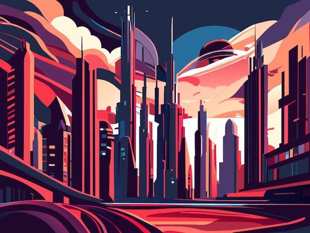 Vector sky city of the future retro futurism skyscrapers river detailing cyberpunk cloud vector