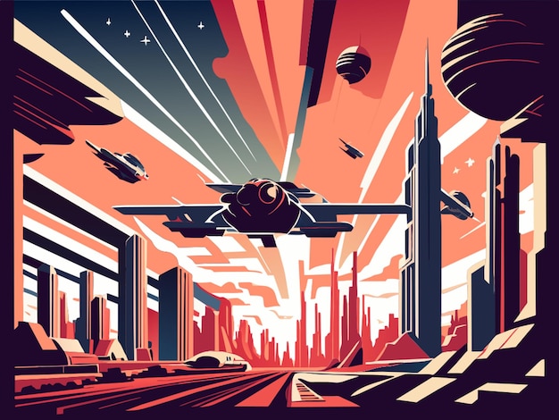 sky city of the future retro futurism spaceship launch clear sky clouds vector illustration flat 2