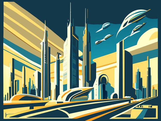 Vector sky city of the future retro futurism spaceship launch clear sky clouds vector illustration flat 2