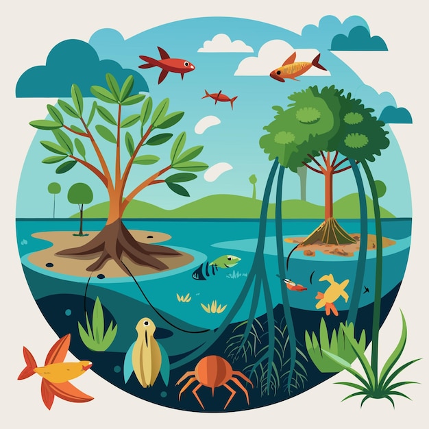 Vector sky and foliage to depict the biodiversity and the unique environment of mangrove forests and a bir