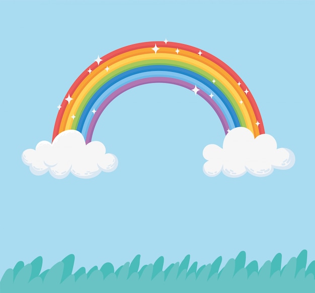 Sky rainbow clouds bright fantasy grass nature cartoon