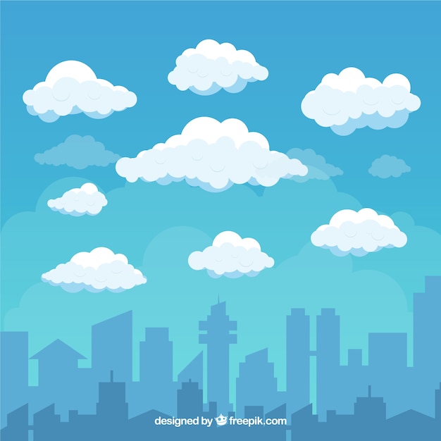 Sky with clouds and city background in flat style