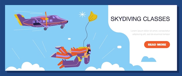 Skydiving classes advertising web banner flat vector illustration