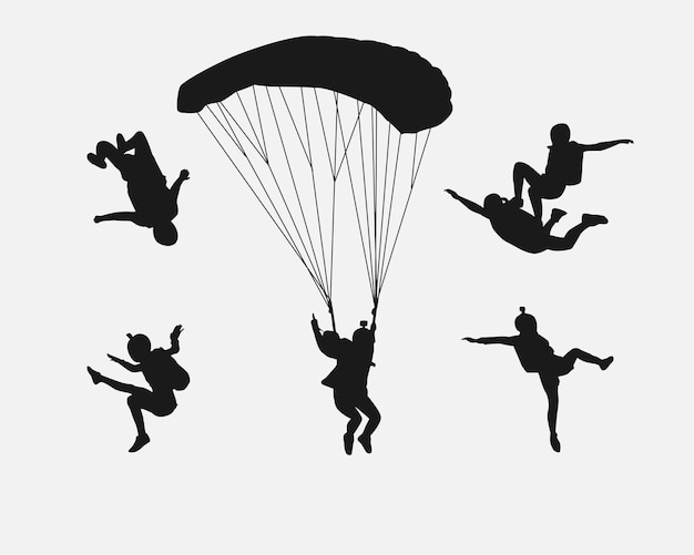 Skydiving set silhouettes Skydiver parachute extreme sport Different pose gesture Isolated