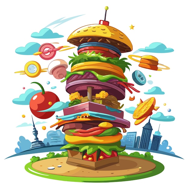 Vector a skyhigh hamburger is loaded with an excessive tower of additional toppings making it an epic fea